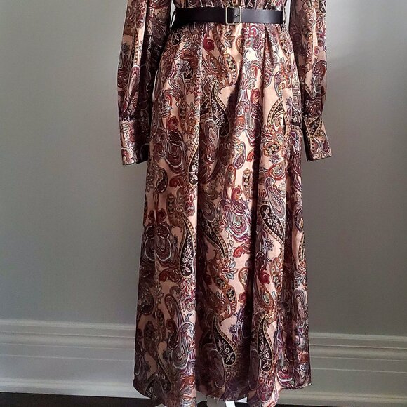 ITALIAN Designer Elegant Modest Midi Dress Satin Brocade Paisley Print Pockets - Picture 2 of 10